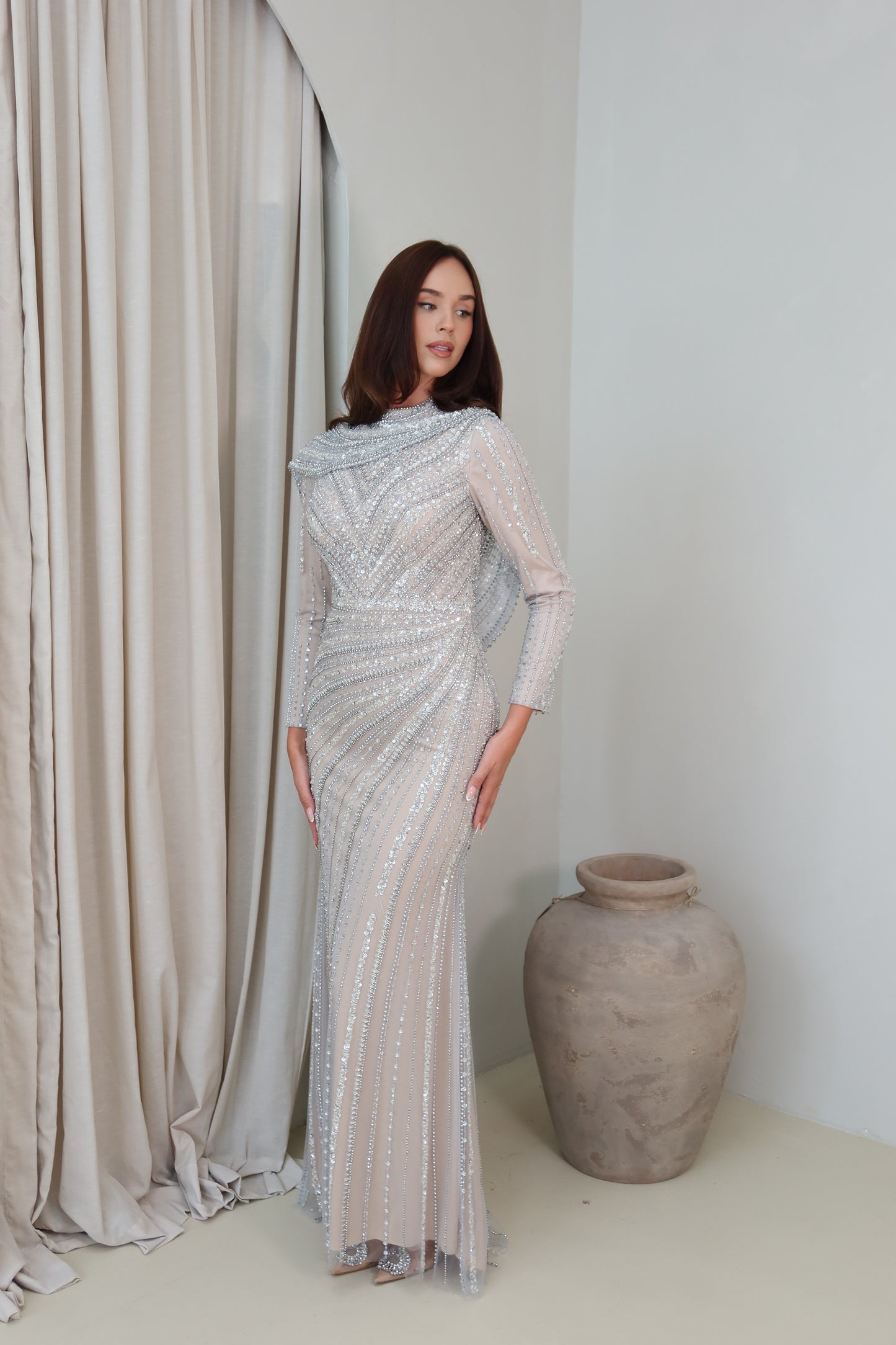 Sheela Nude Silver Long Sleeve Evening Maxi Dress