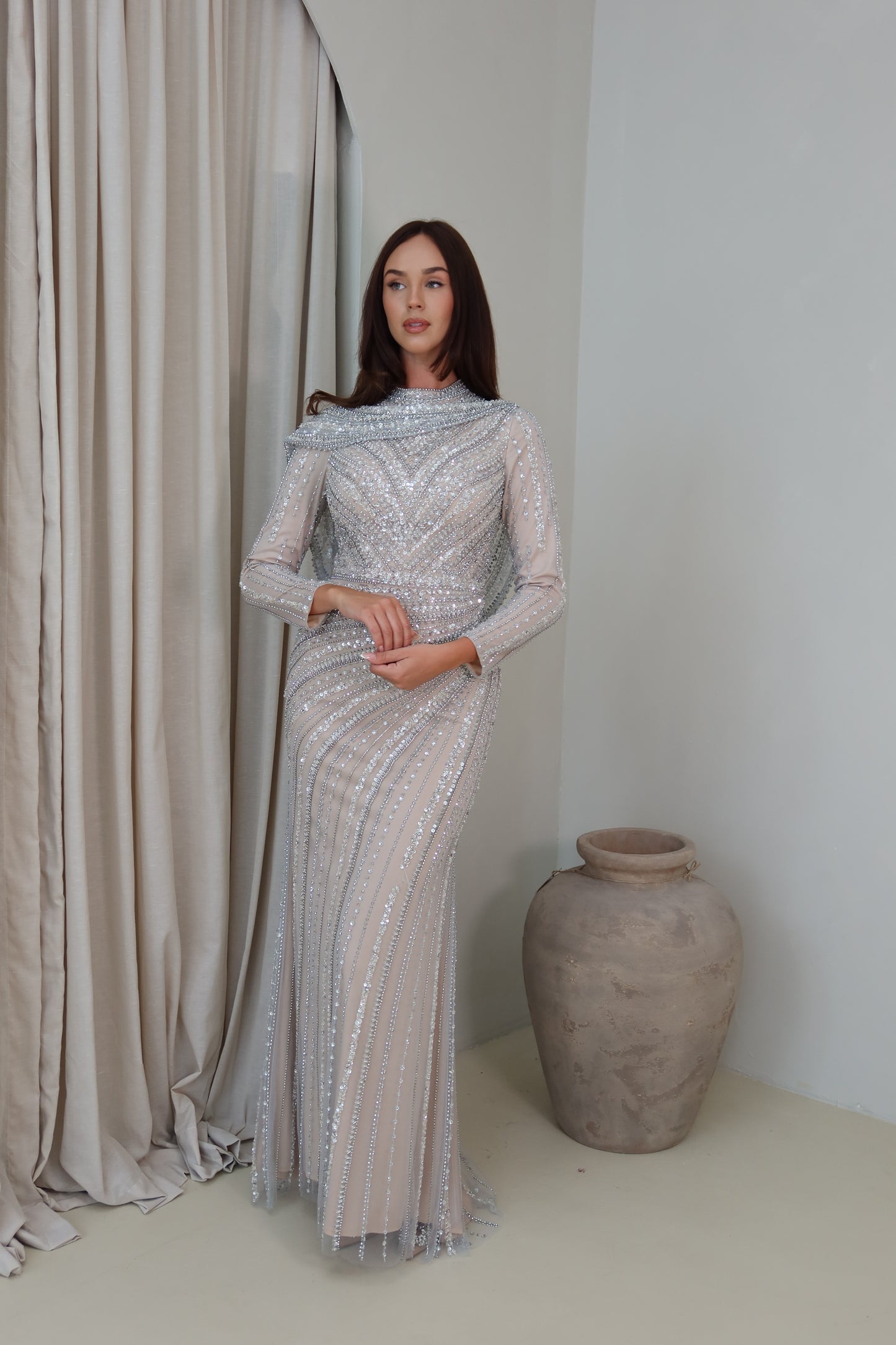 Sheela Nude Silver Long Sleeve Evening Maxi Dress