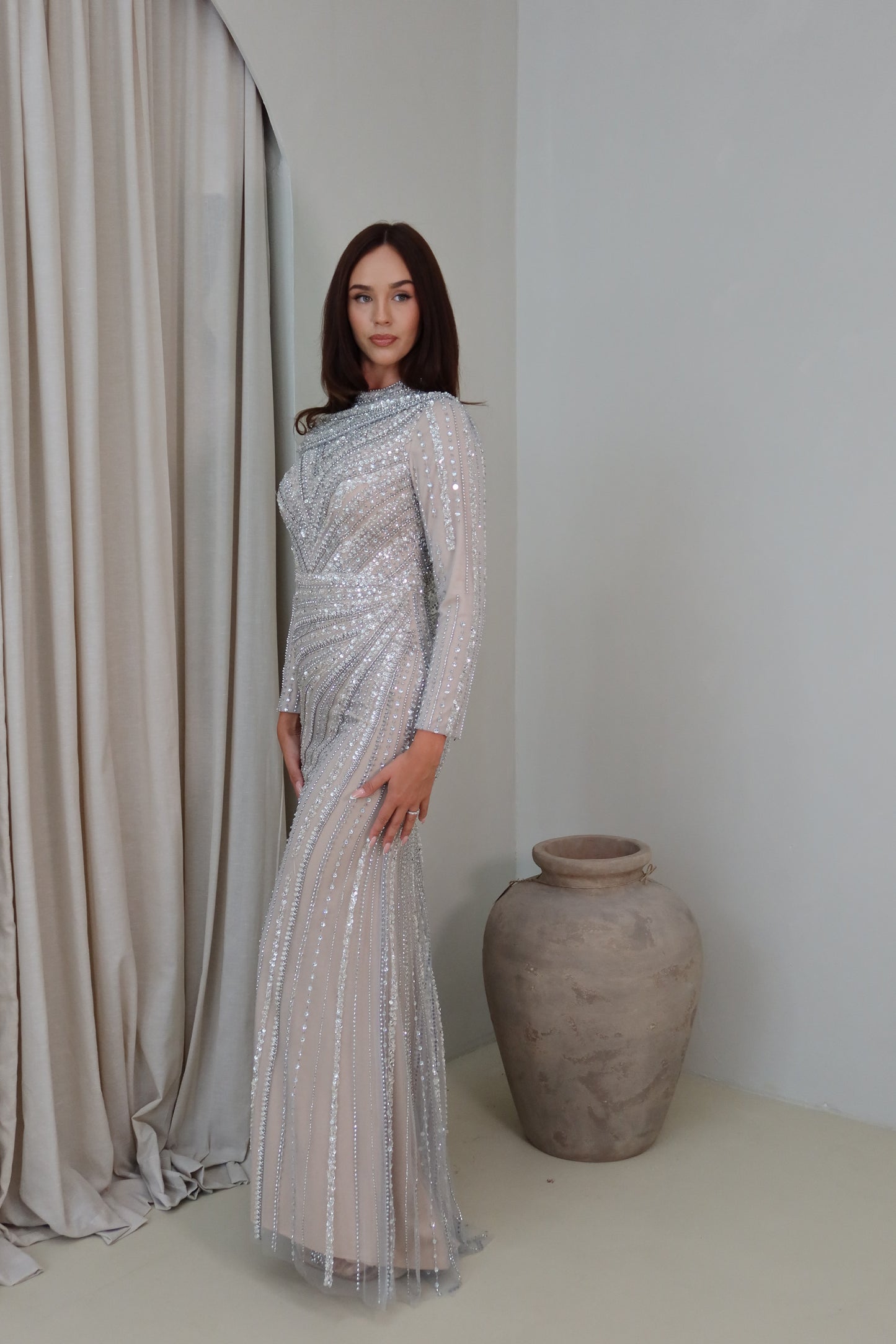 Sheela Nude Silver Long Sleeve Evening Maxi Dress