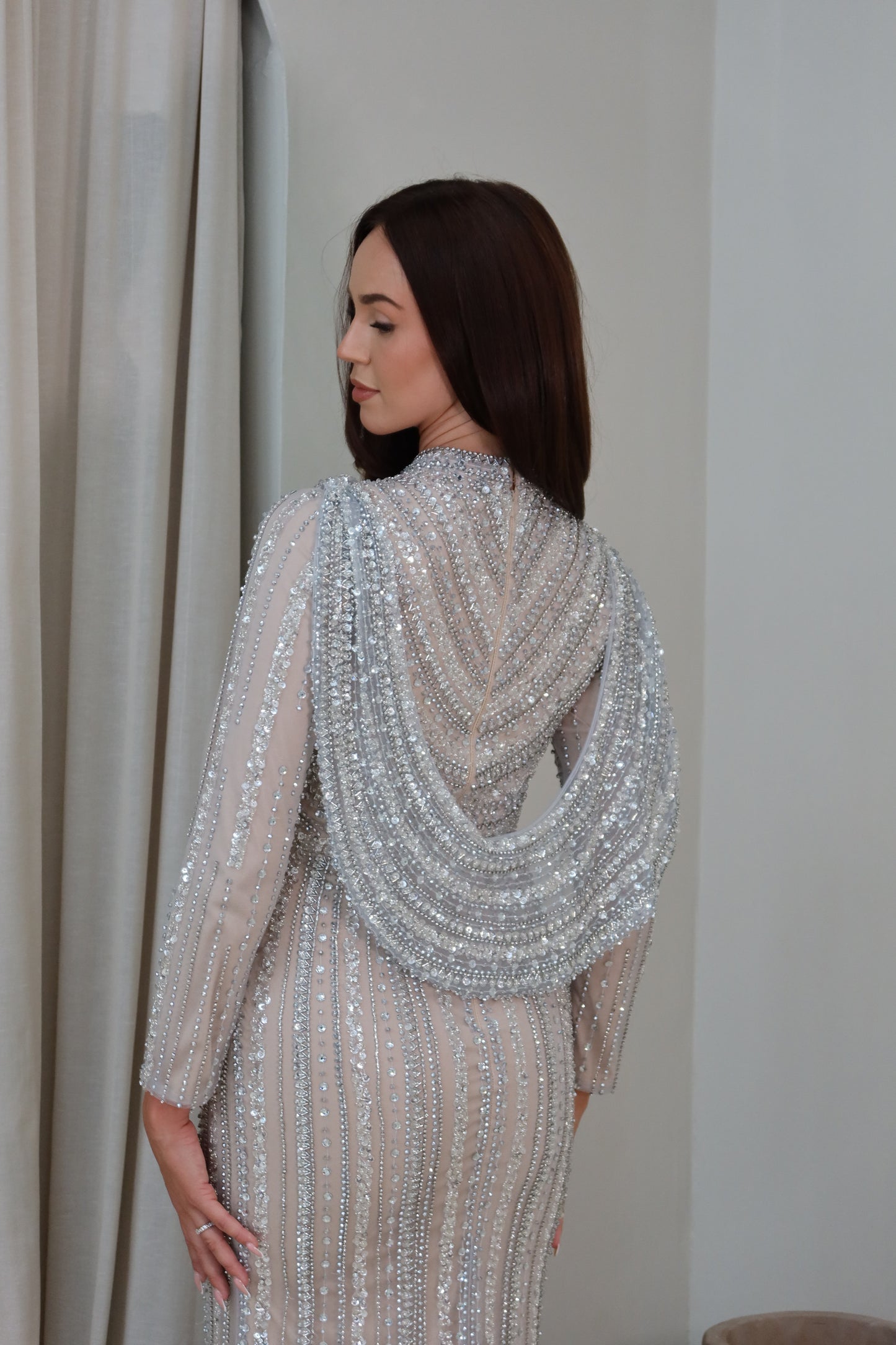 Sheela Nude Silver Long Sleeve Evening Maxi Dress