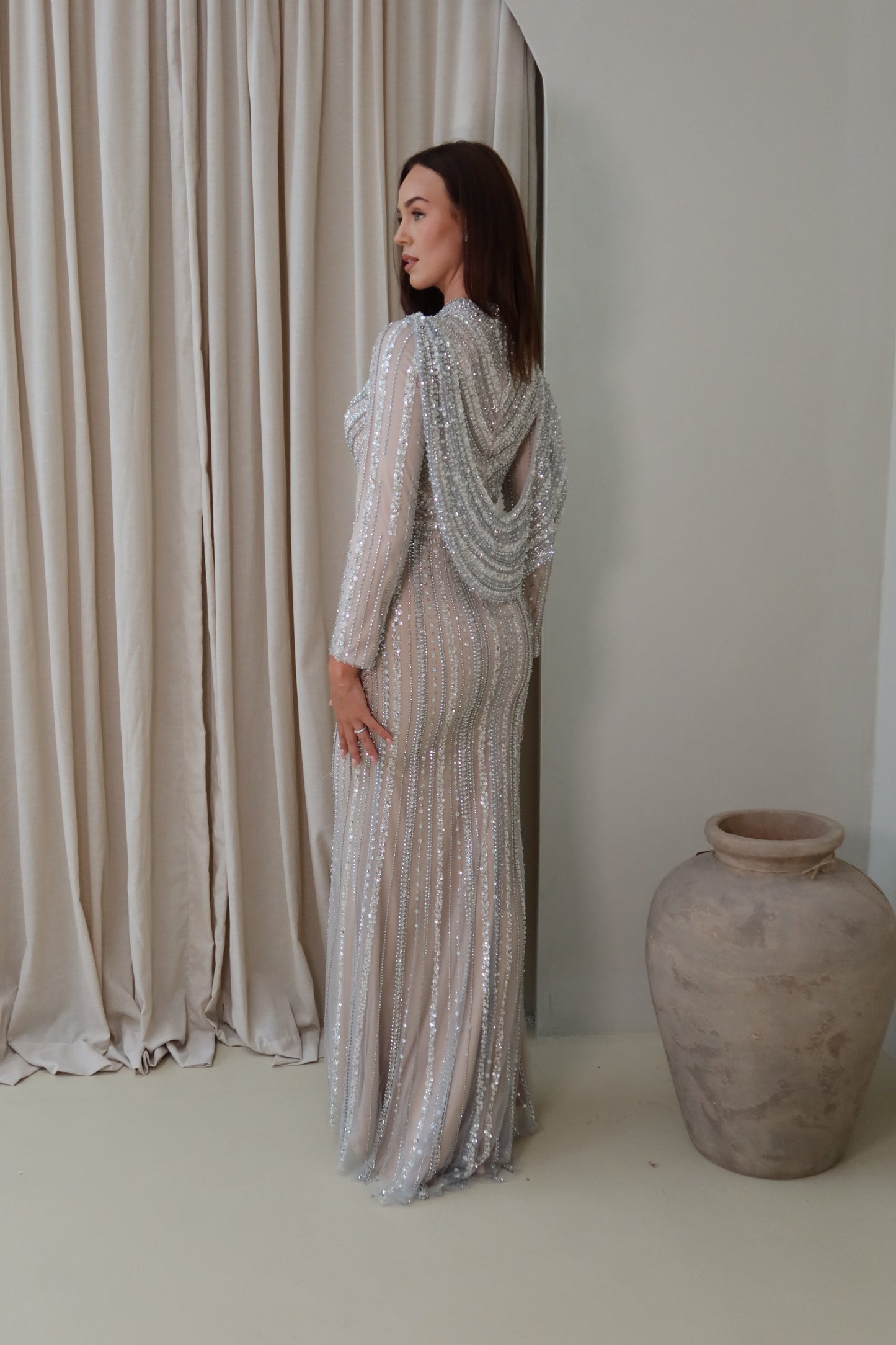 Sheela Nude Silver Long Sleeve Evening Maxi Dress