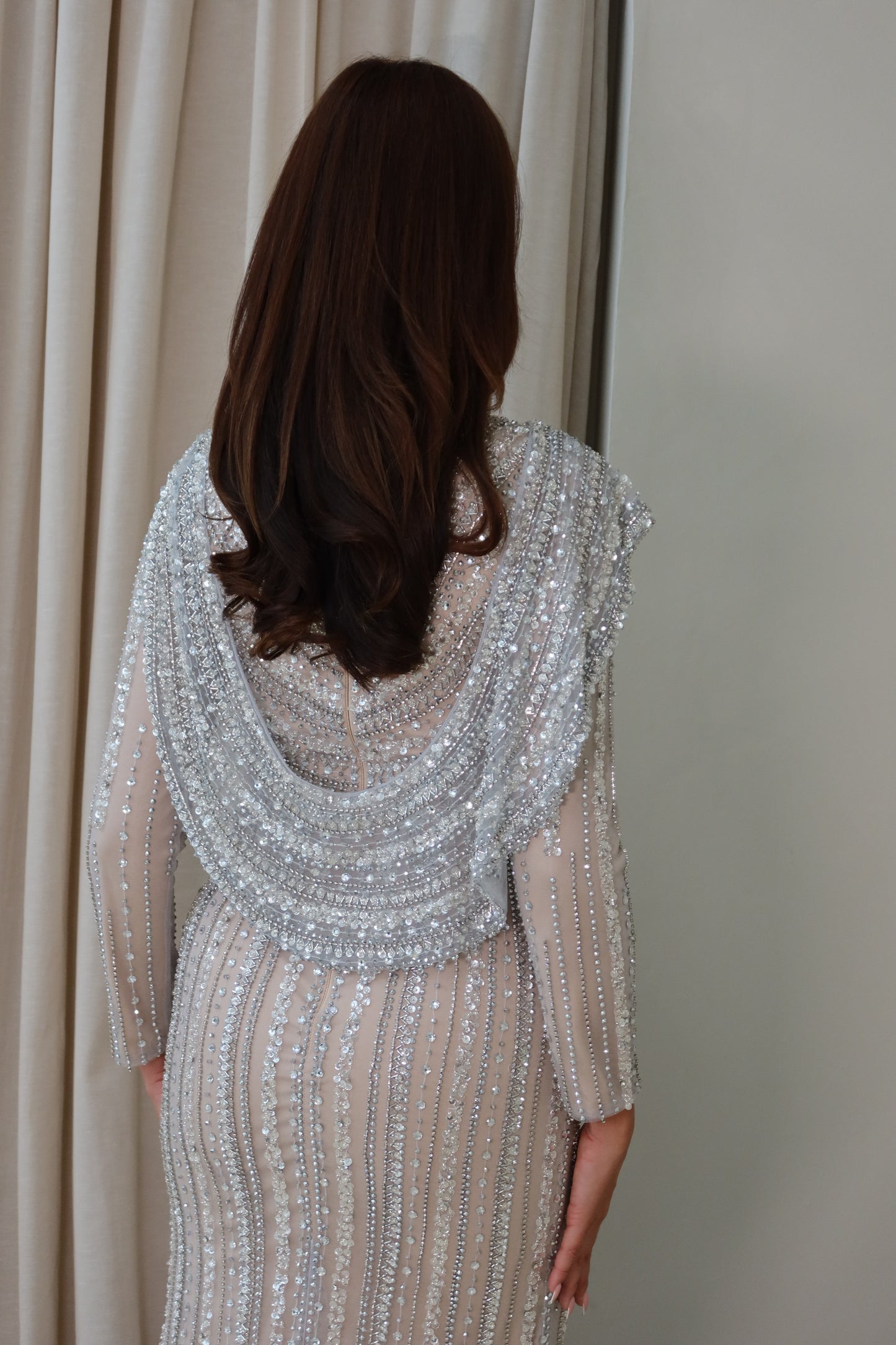 Sheela Nude Silver Long Sleeve Evening Maxi Dress