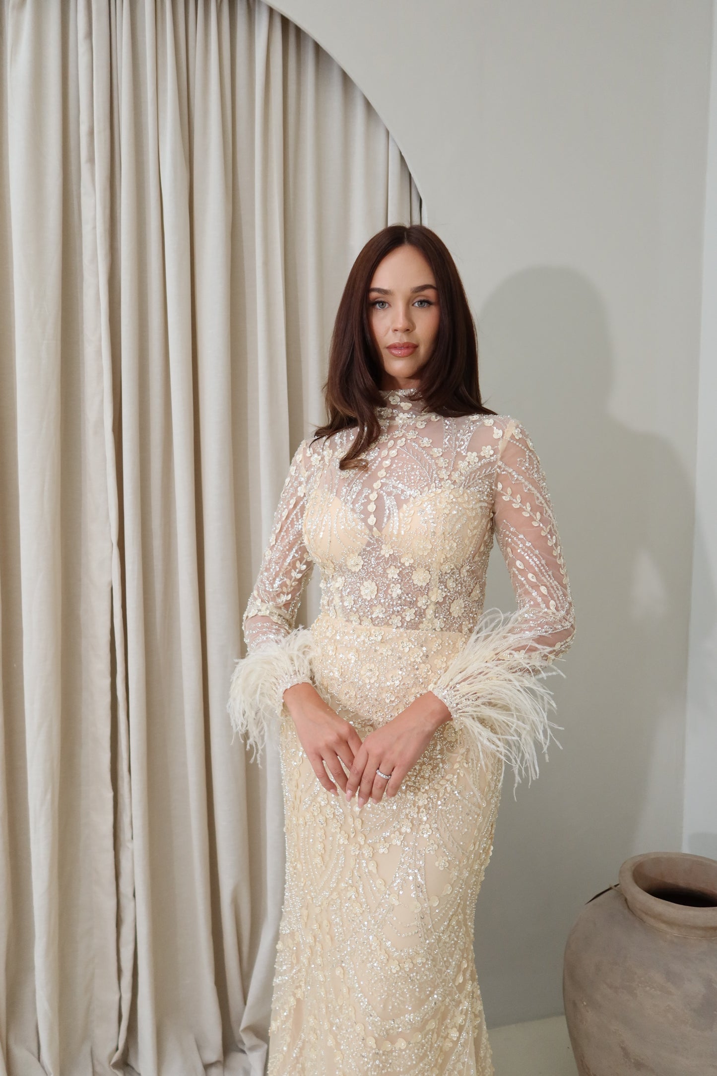 Daisy Mermaid Evening Maxi Dress with Feather sleeves