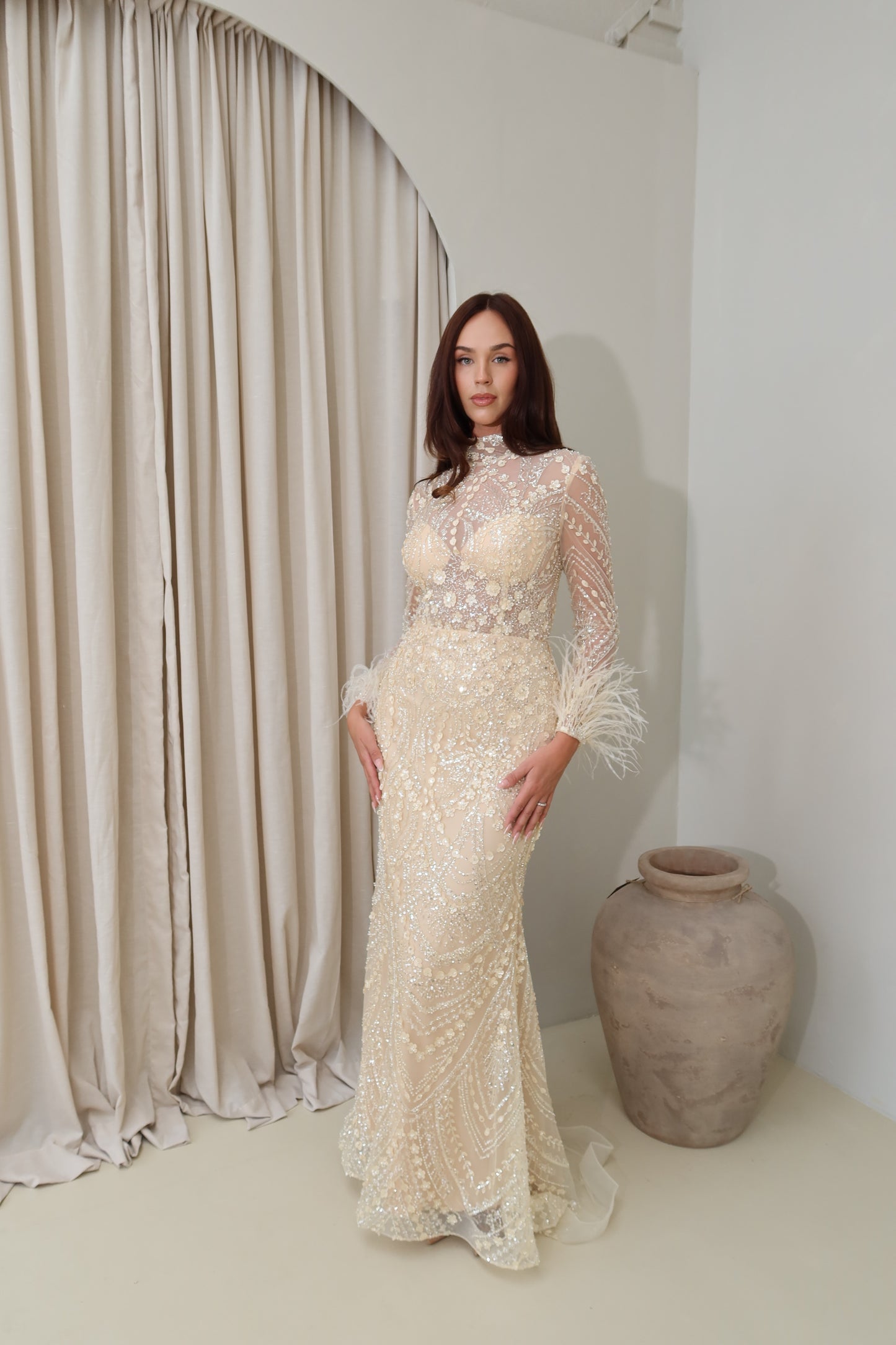 Daisy Mermaid Evening Maxi Dress with Feather sleeves