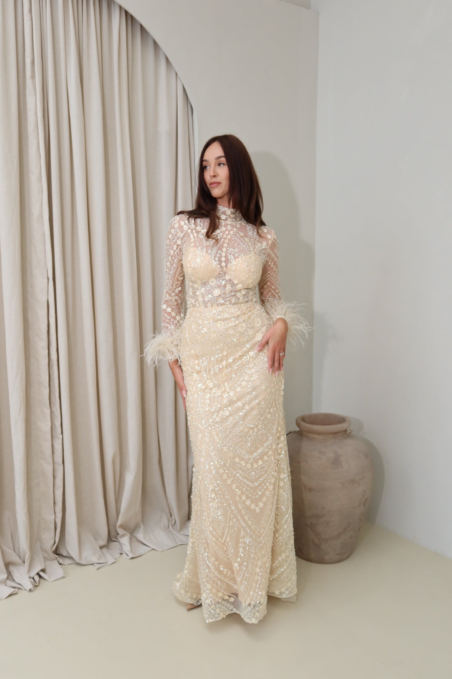 Daisy Mermaid Evening Maxi Dress with Feather sleeves