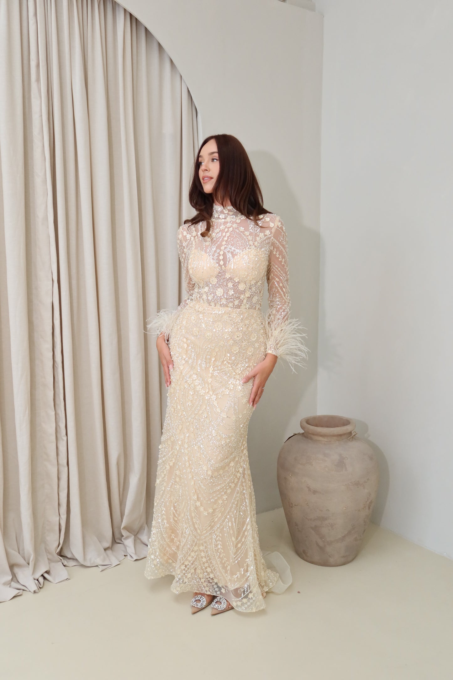 Daisy Mermaid Evening Maxi Dress with Feather sleeves