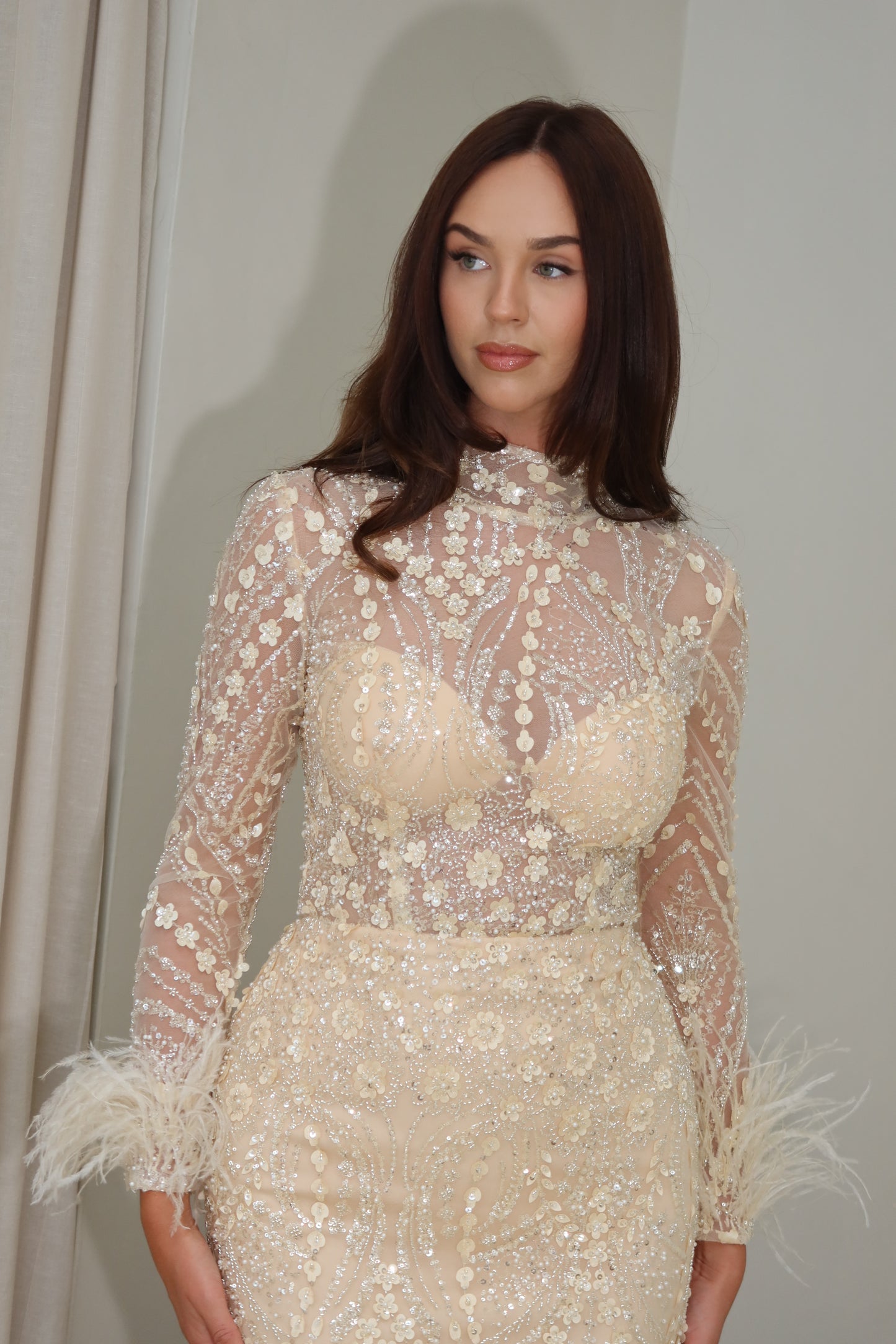 Daisy Mermaid Evening Maxi Dress with Feather sleeves