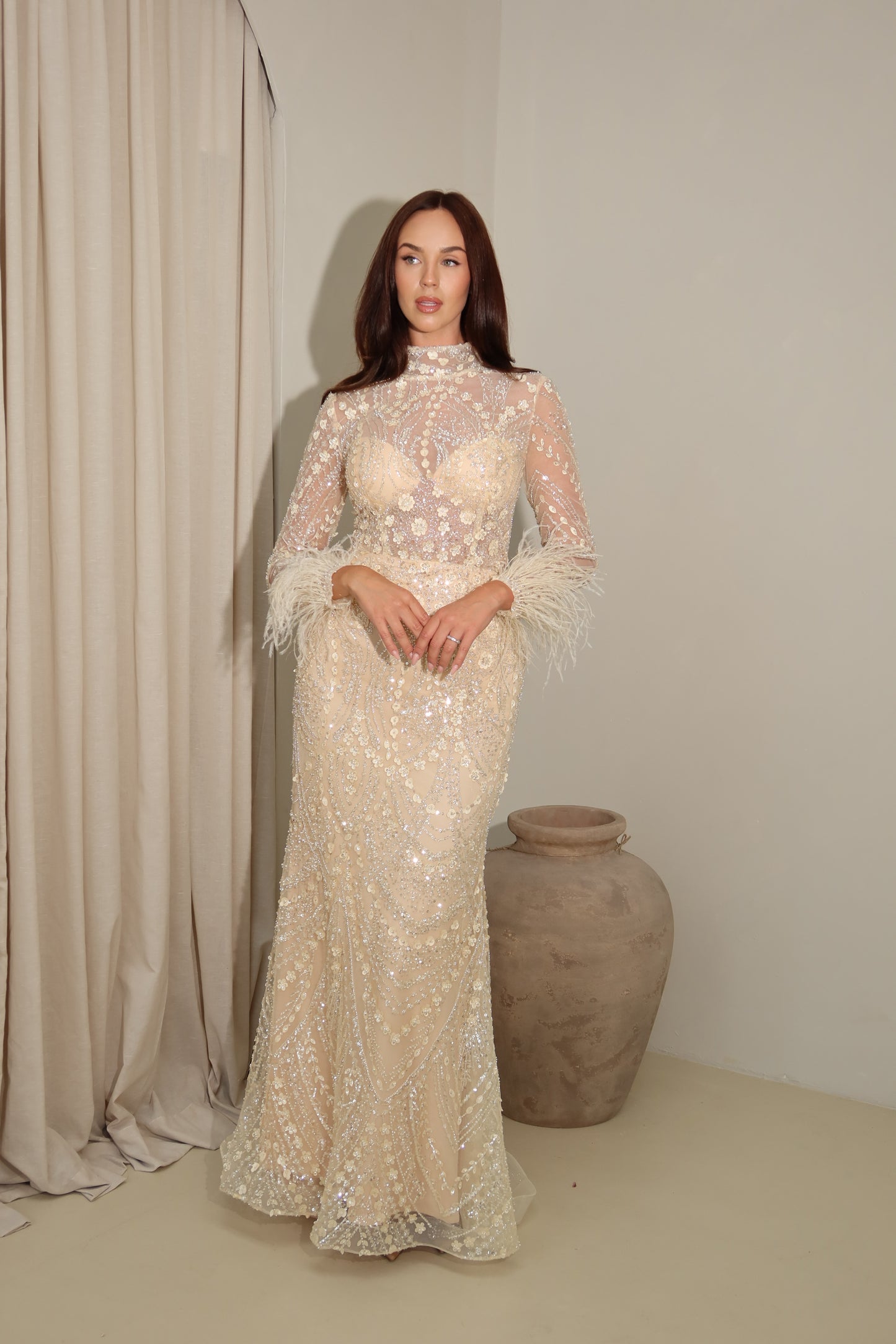 Daisy Mermaid Evening Maxi Dress with Feather sleeves