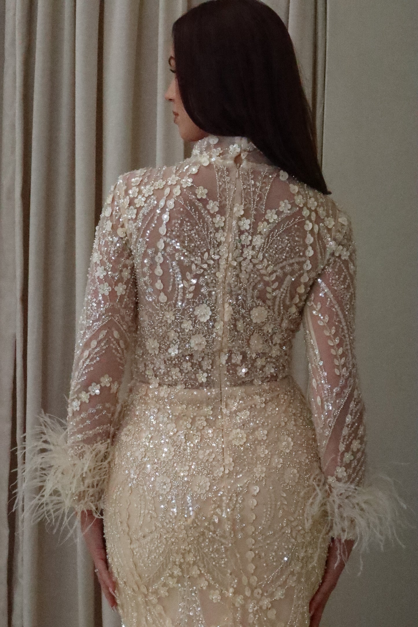 Daisy Mermaid Evening Maxi Dress with Feather sleeves