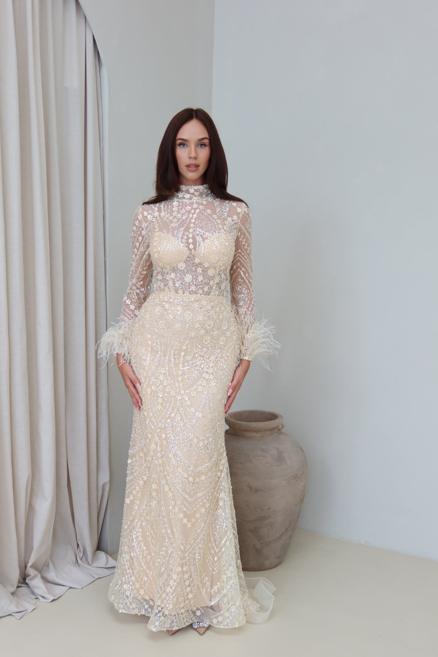 Daisy Mermaid Evening Maxi Dress with Feather sleeves