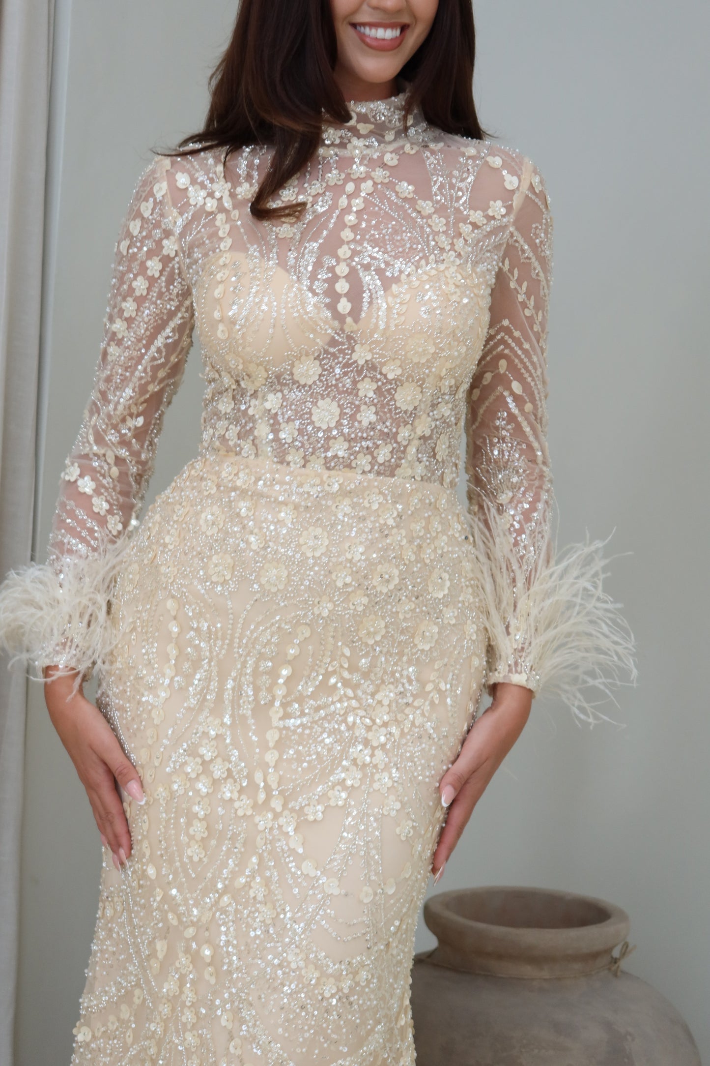 Daisy Mermaid Evening Maxi Dress with Feather sleeves