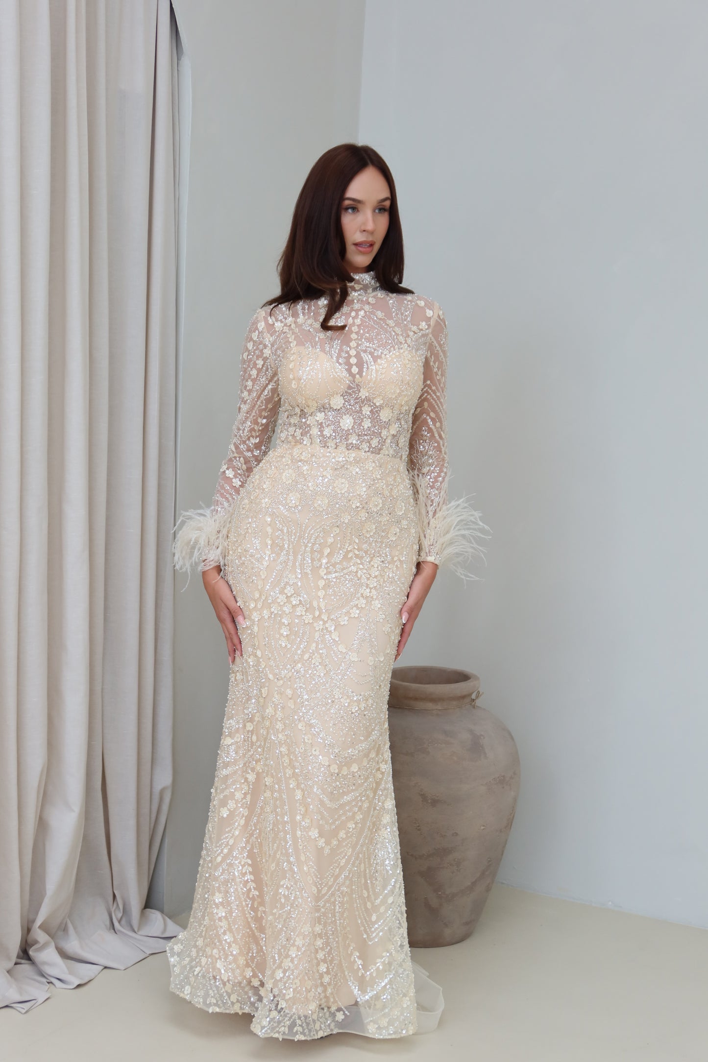 Daisy Mermaid Evening Maxi Dress with Feather sleeves