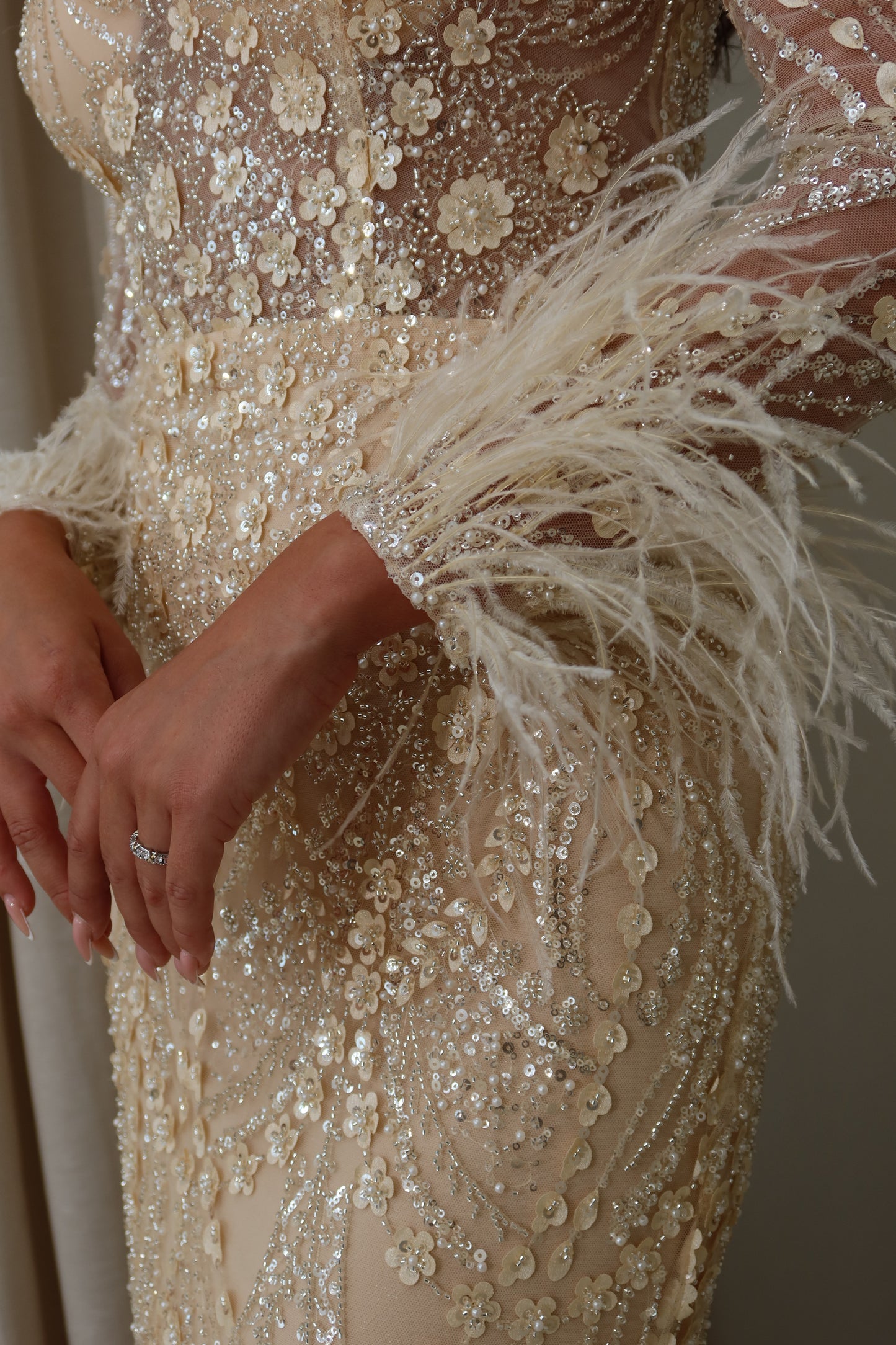 Daisy Mermaid Evening Maxi Dress with Feather sleeves