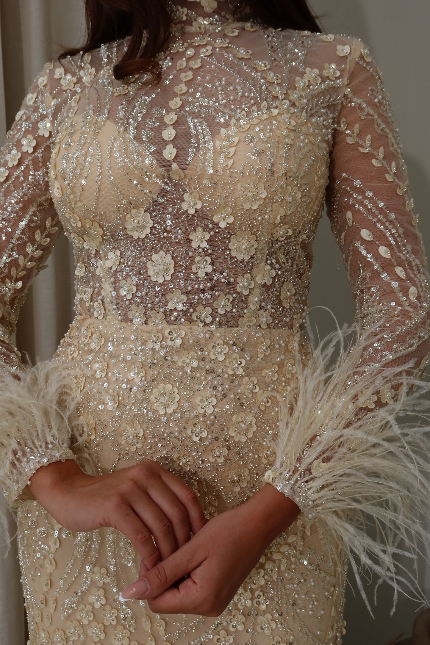 Daisy Mermaid Evening Maxi Dress with Feather sleeves