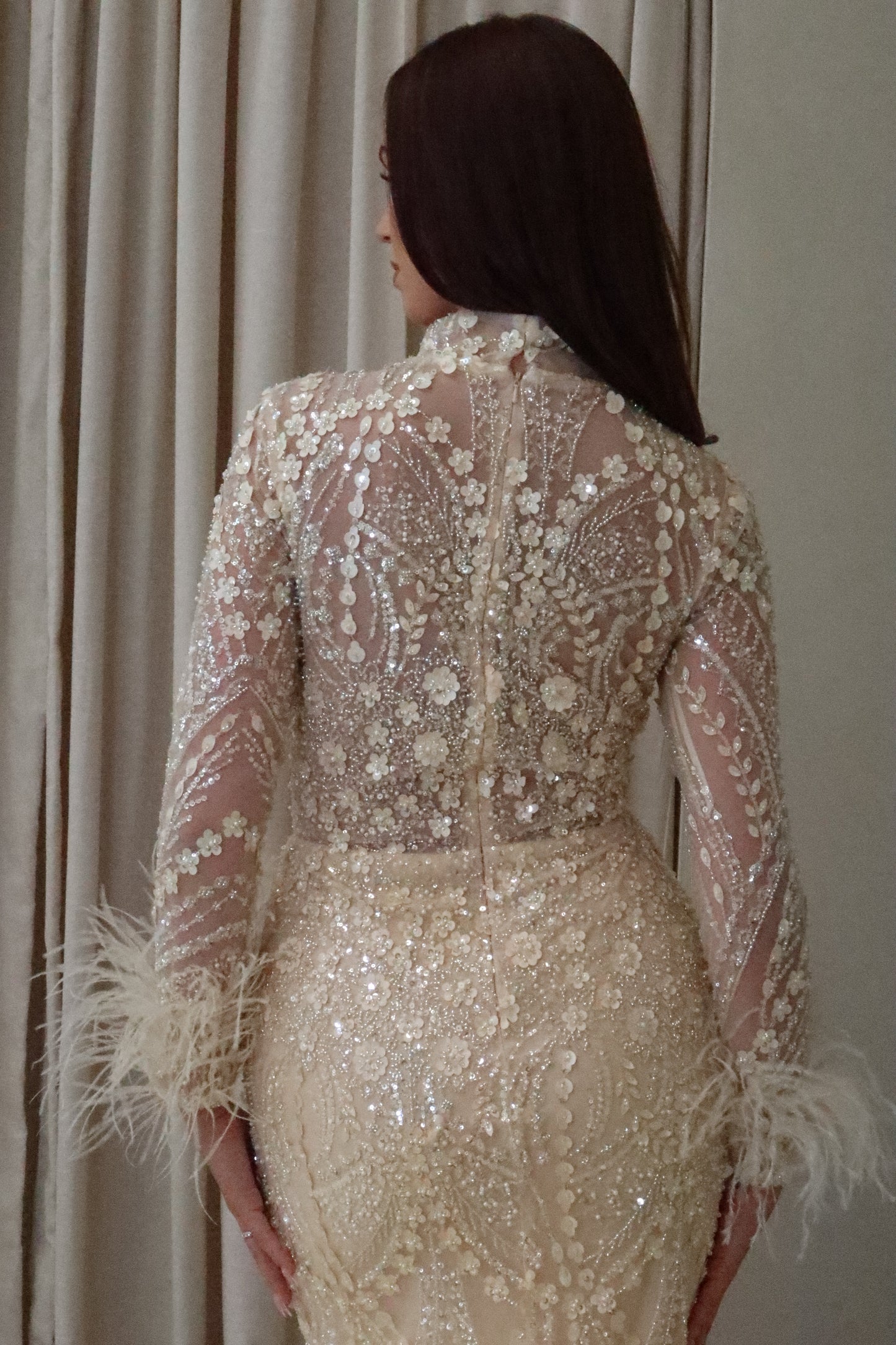 Daisy Mermaid Evening Maxi Dress with Feather sleeves