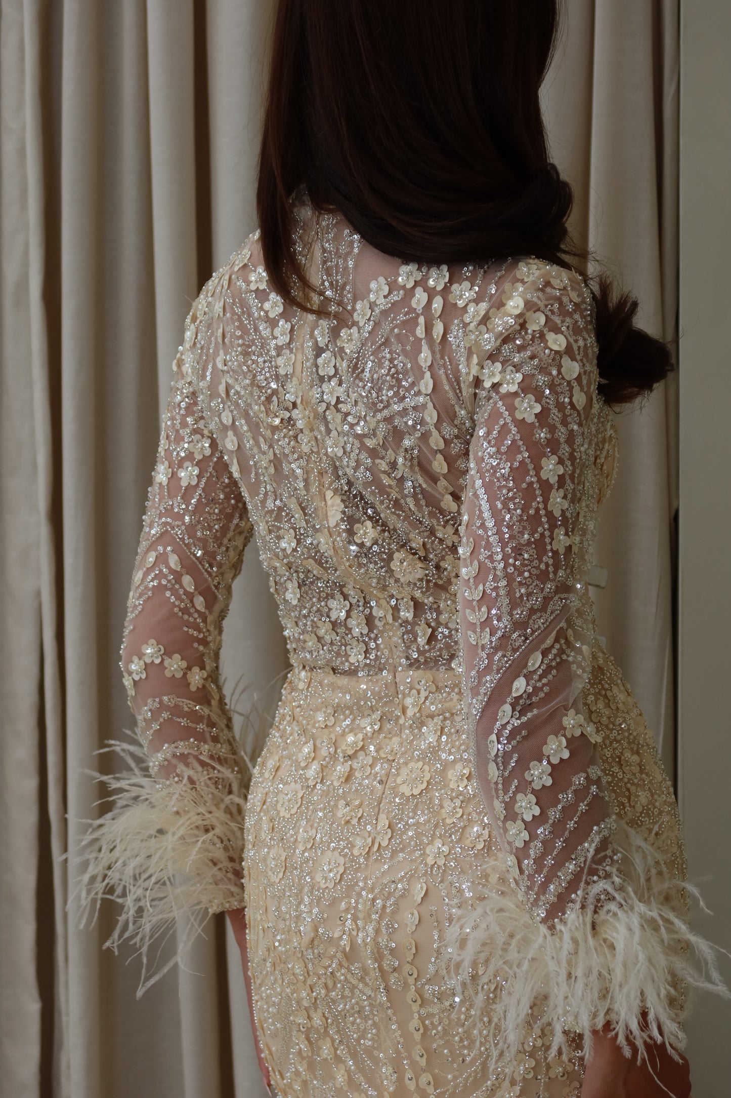 Daisy Mermaid Evening Maxi Dress with Feather sleeves