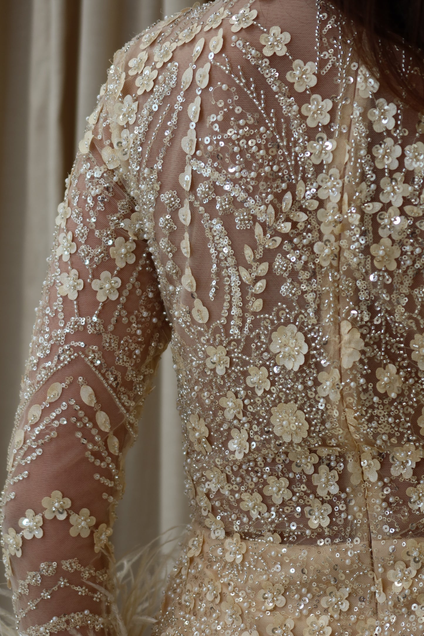 Daisy Mermaid Evening Maxi Dress with Feather sleeves