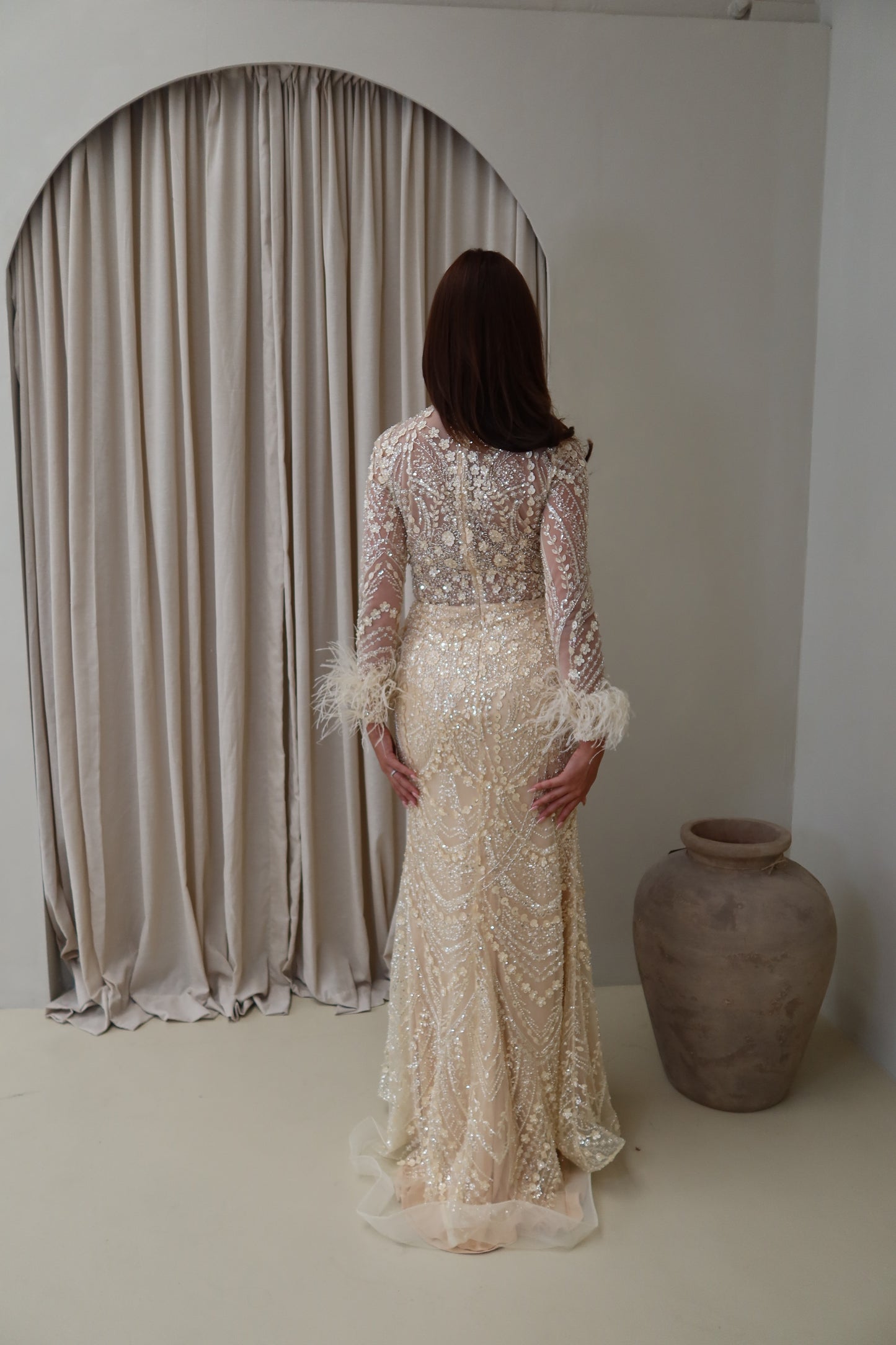 Daisy Mermaid Evening Maxi Dress with Feather sleeves