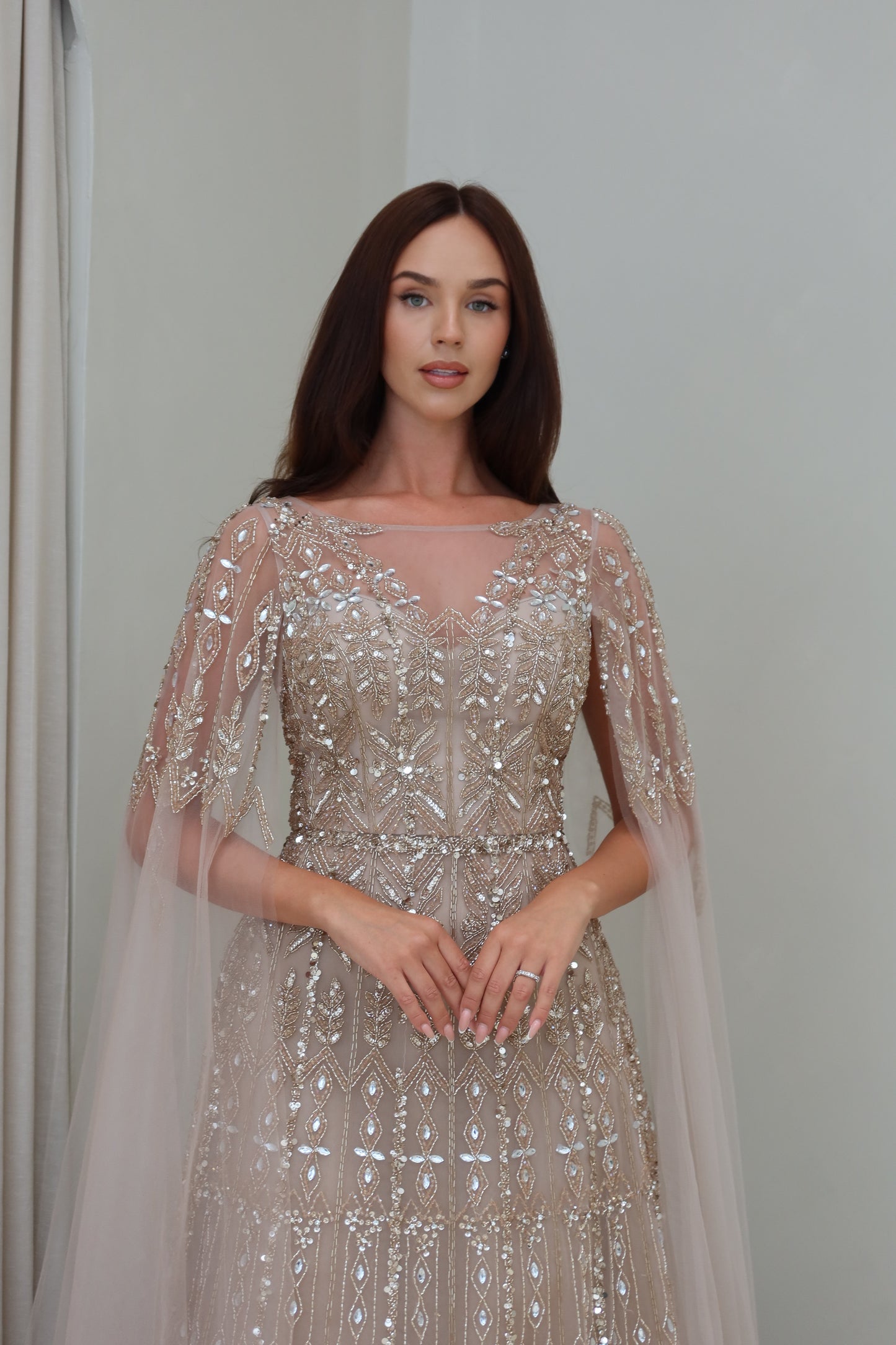 Zahar Brown Maxi Evening Dress with Cape Sleeve