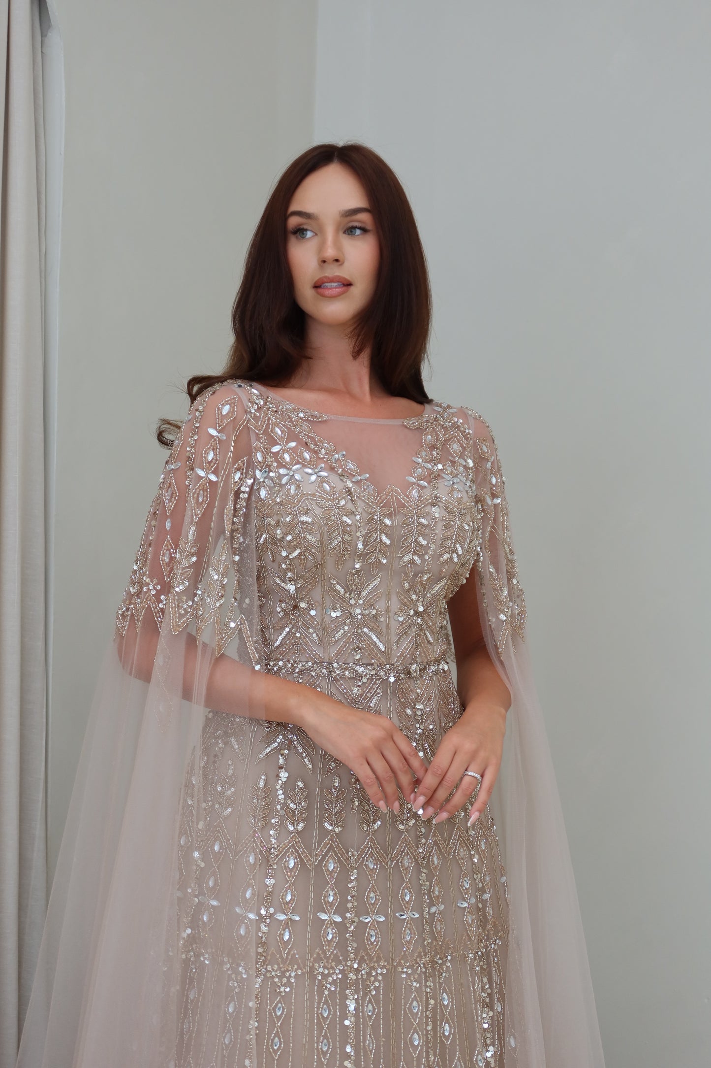 Zahar Brown Maxi Evening Dress with Cape Sleeve