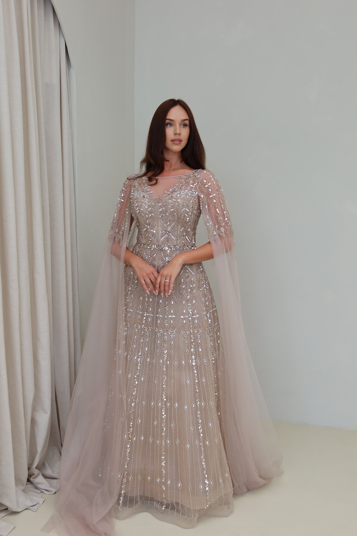 Zahar Brown Maxi Evening Dress with Cape Sleeve