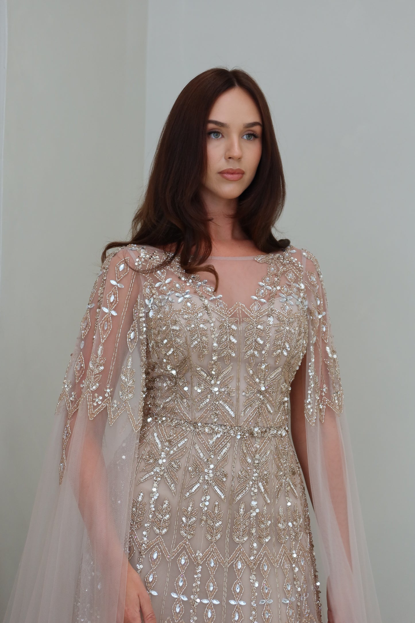 Zahar Brown Maxi Evening Dress with Cape Sleeve