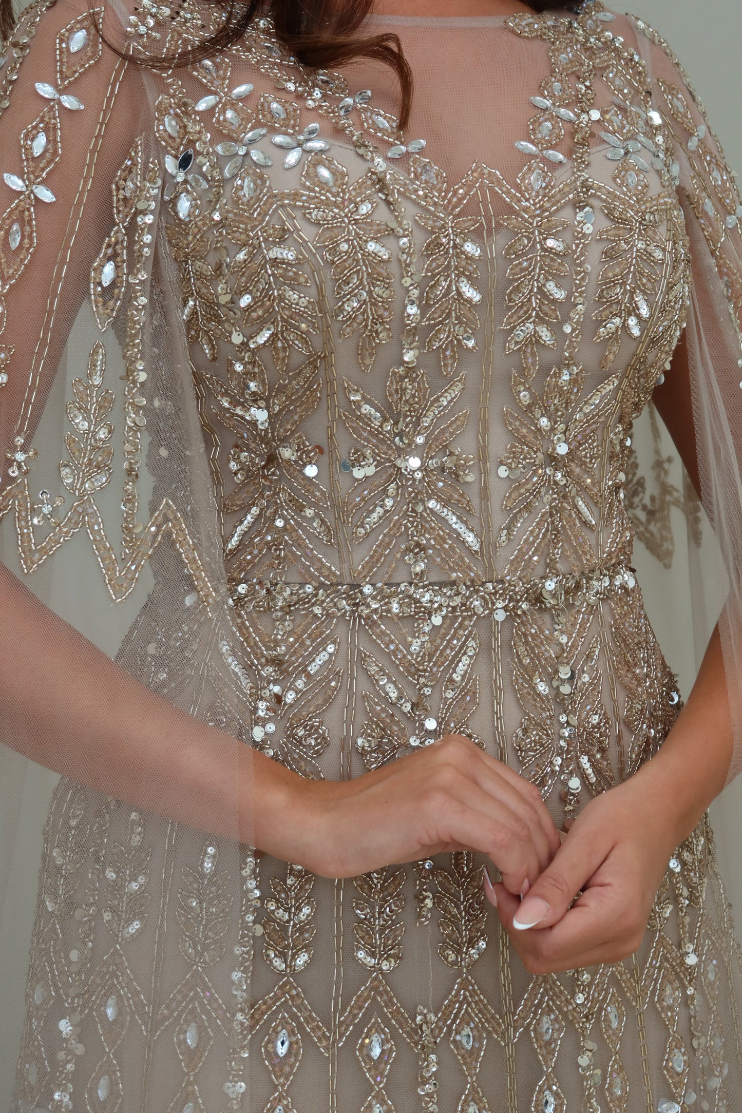 Zahar Brown Maxi Evening Dress with Cape Sleeve