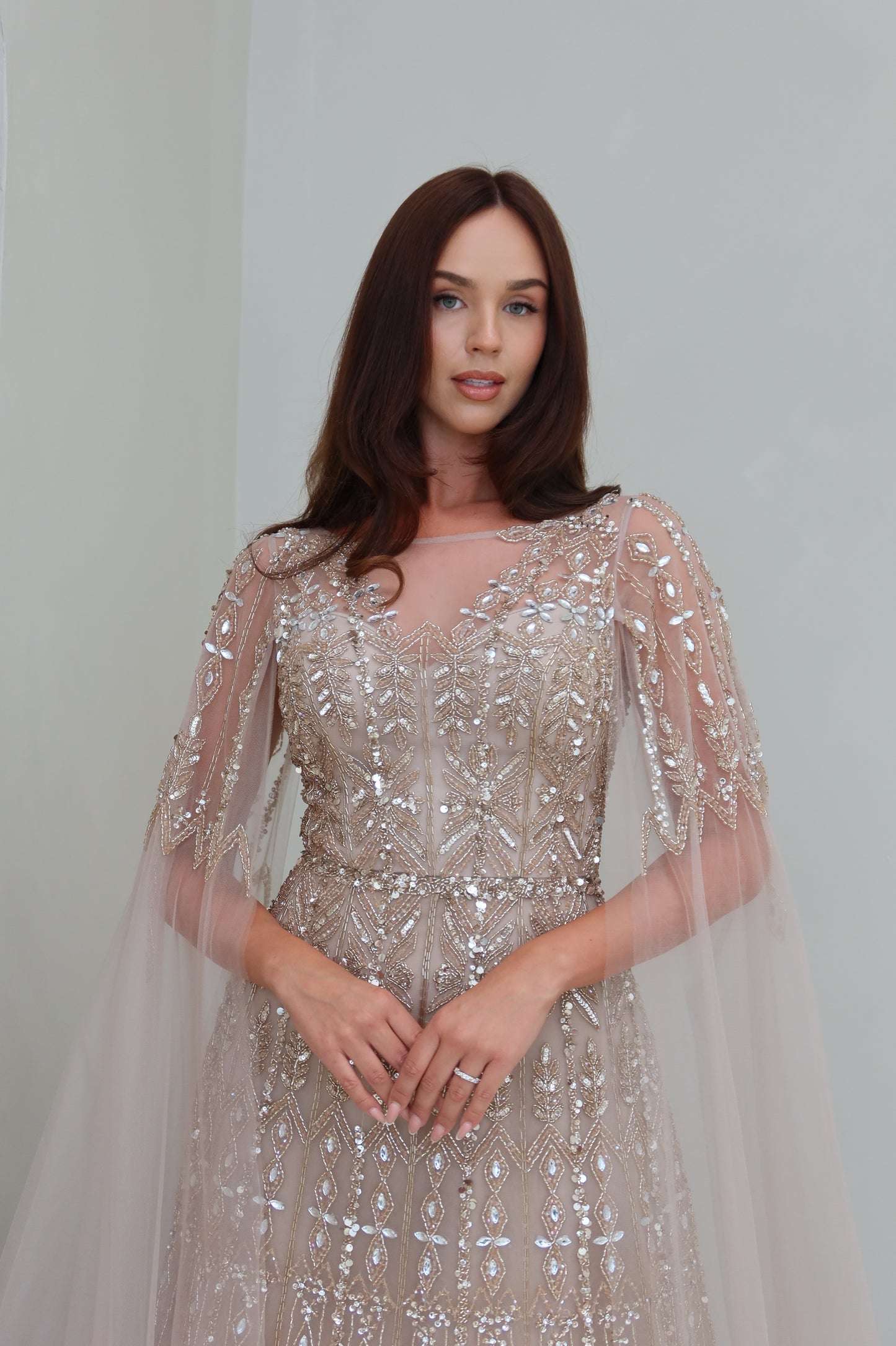 Zahar Brown Maxi Evening Dress with Cape Sleeve