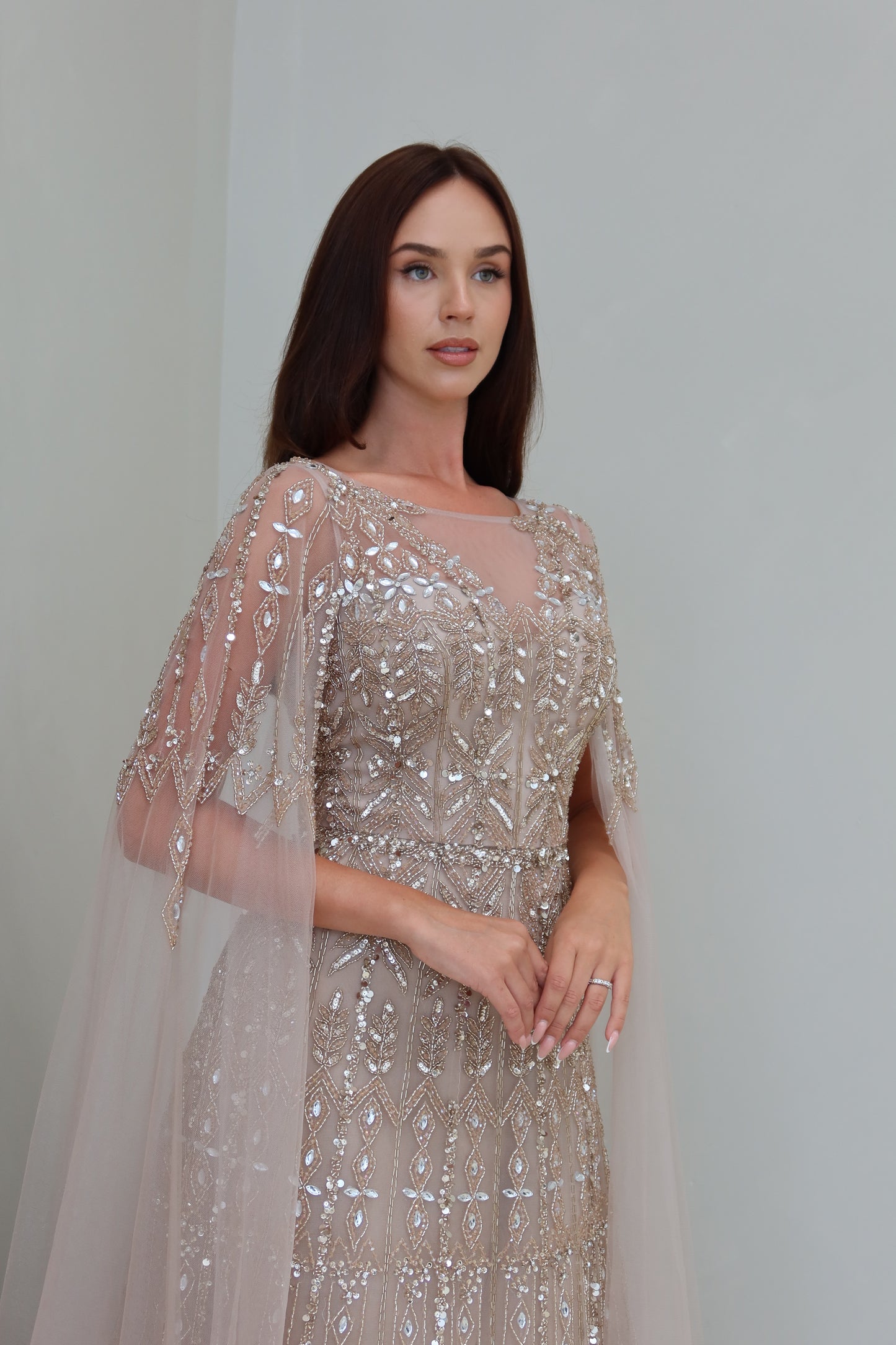 Zahar Brown Maxi Evening Dress with Cape Sleeve