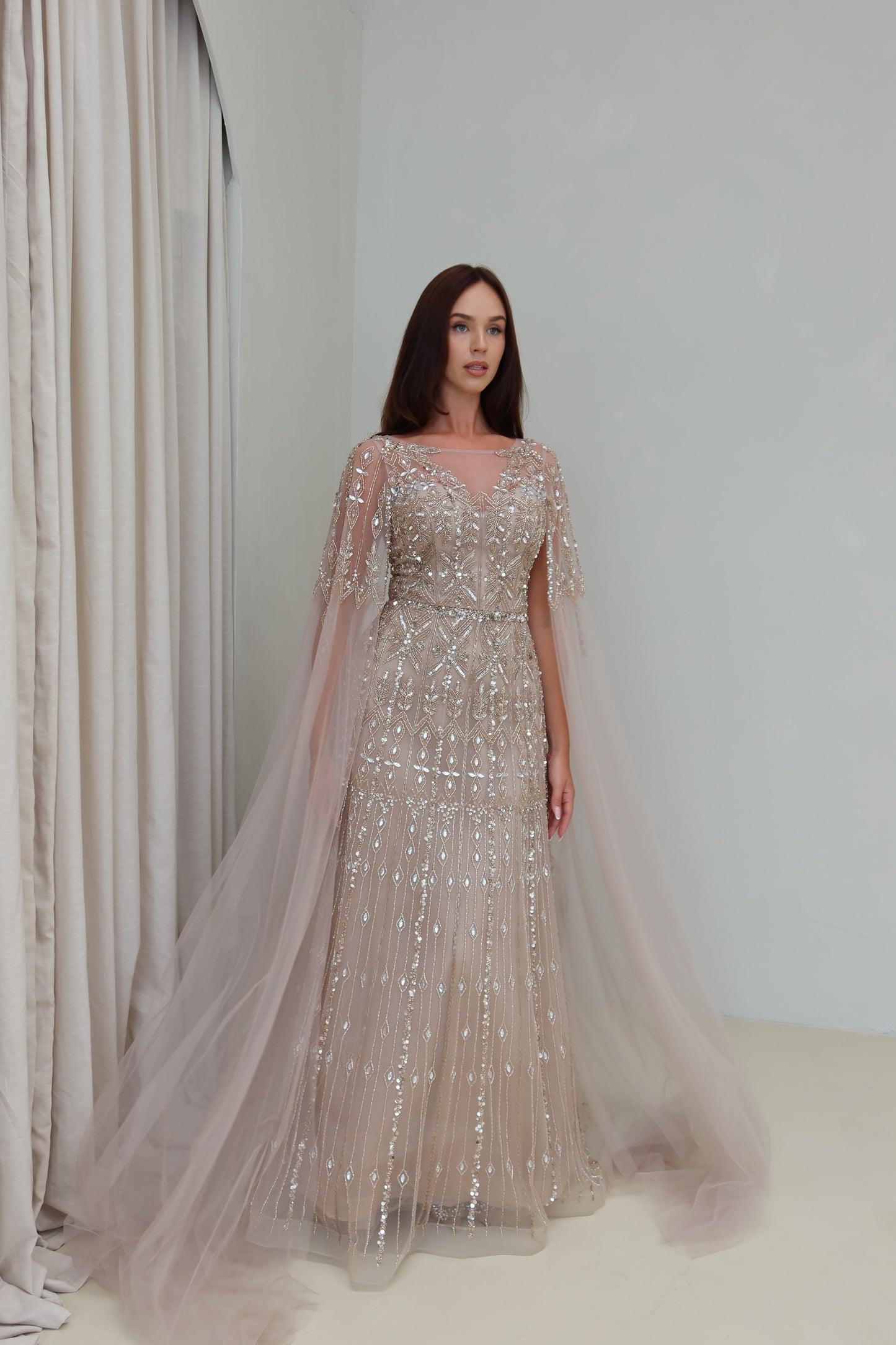 Zahar Brown Maxi Evening Dress with Cape Sleeve