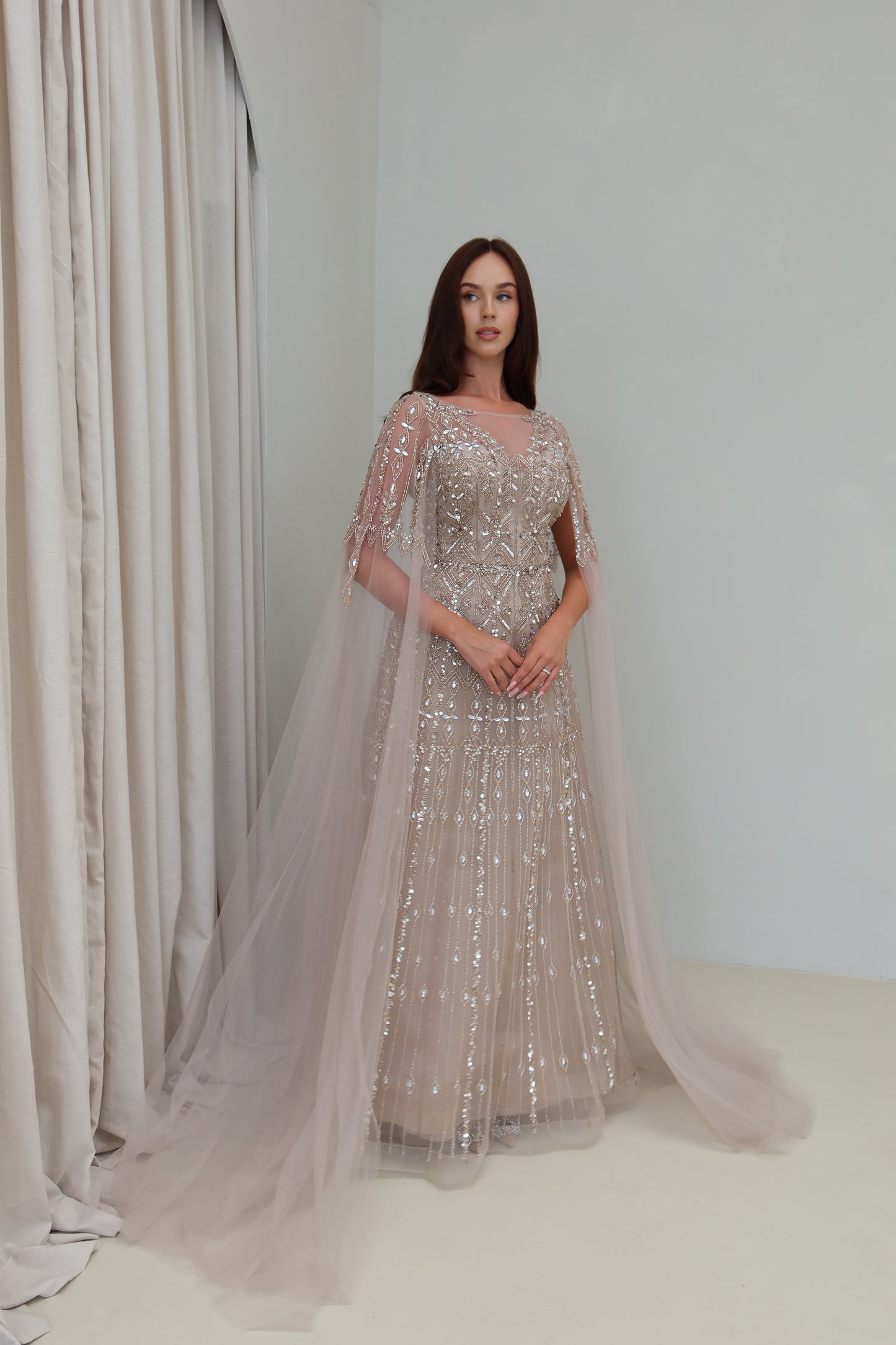 Zahar Brown Maxi Evening Dress with Cape Sleeve