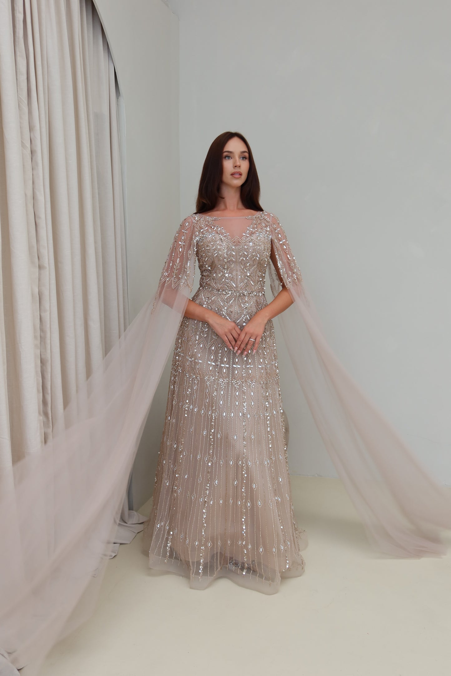 Zahar Brown Maxi Evening Dress with Cape Sleeve