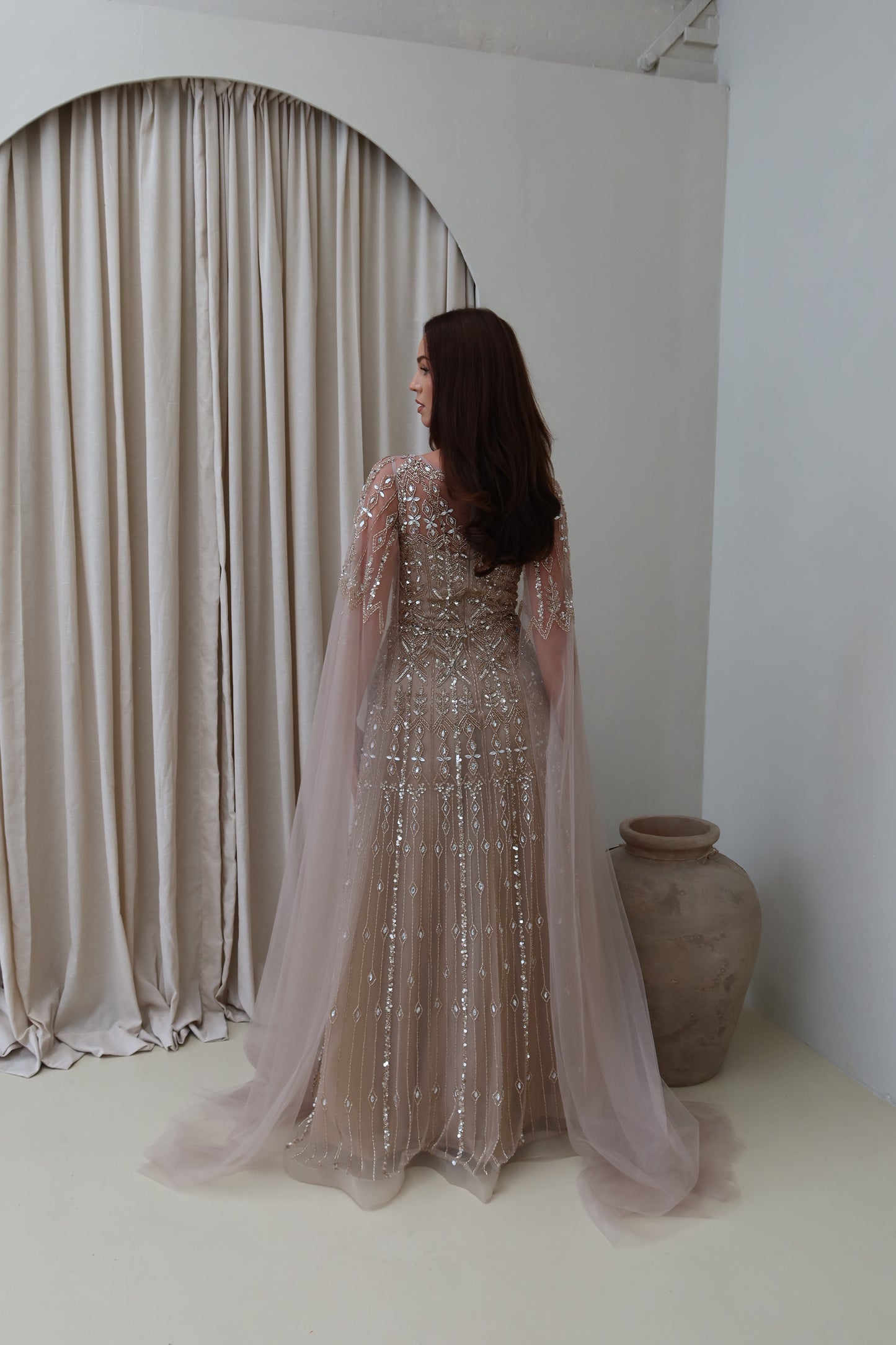 Zahar Brown Maxi Evening Dress with Cape Sleeve