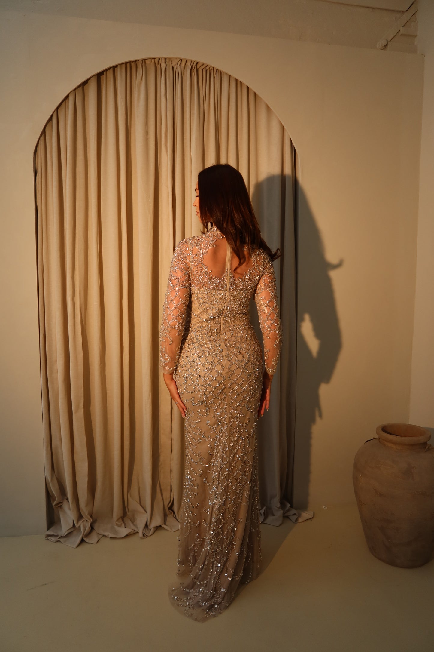 Mira Champagne Long Sleeve Maxi Evening Dress