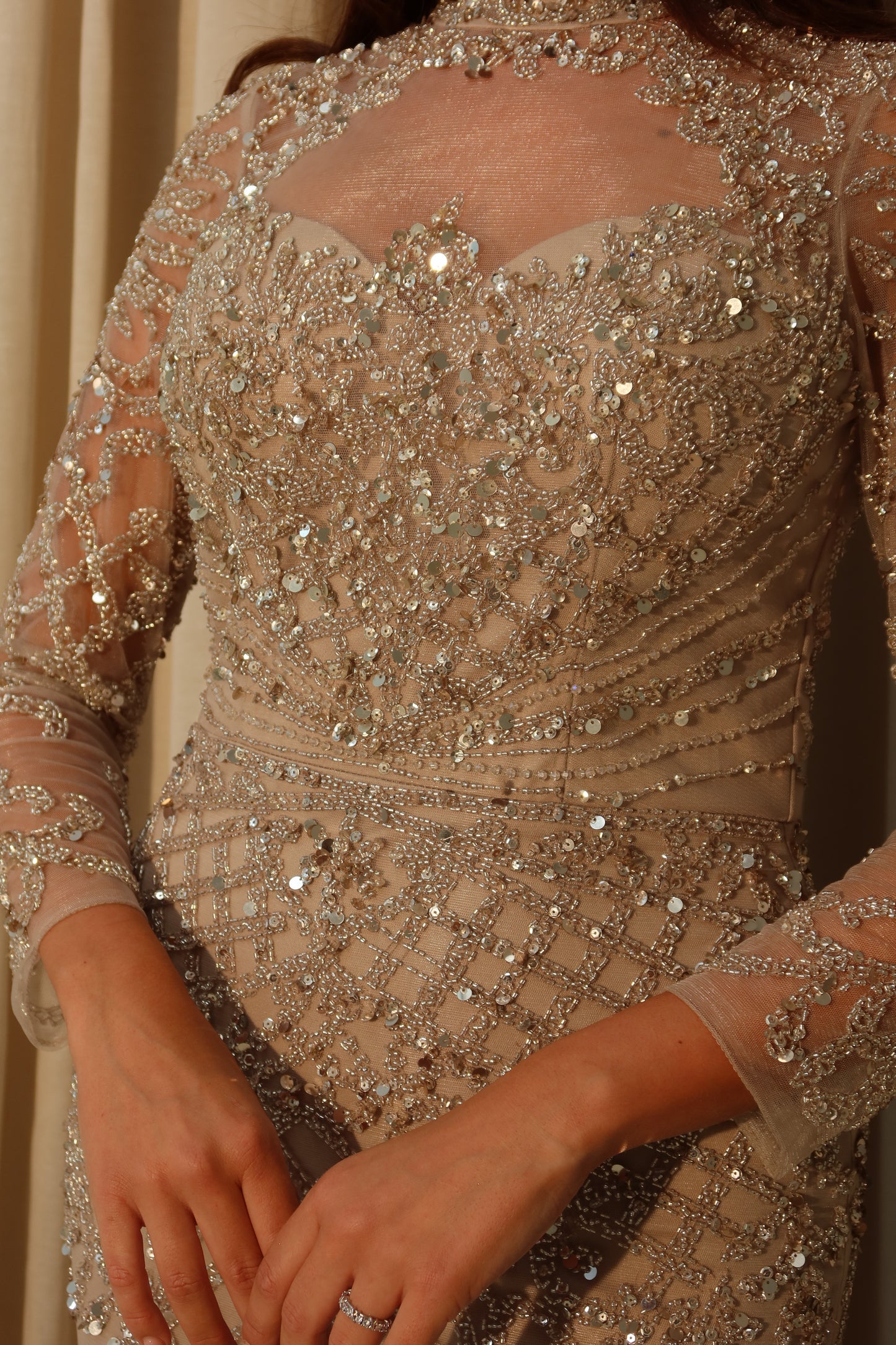 Mira Champagne Long Sleeve Maxi Evening Dress