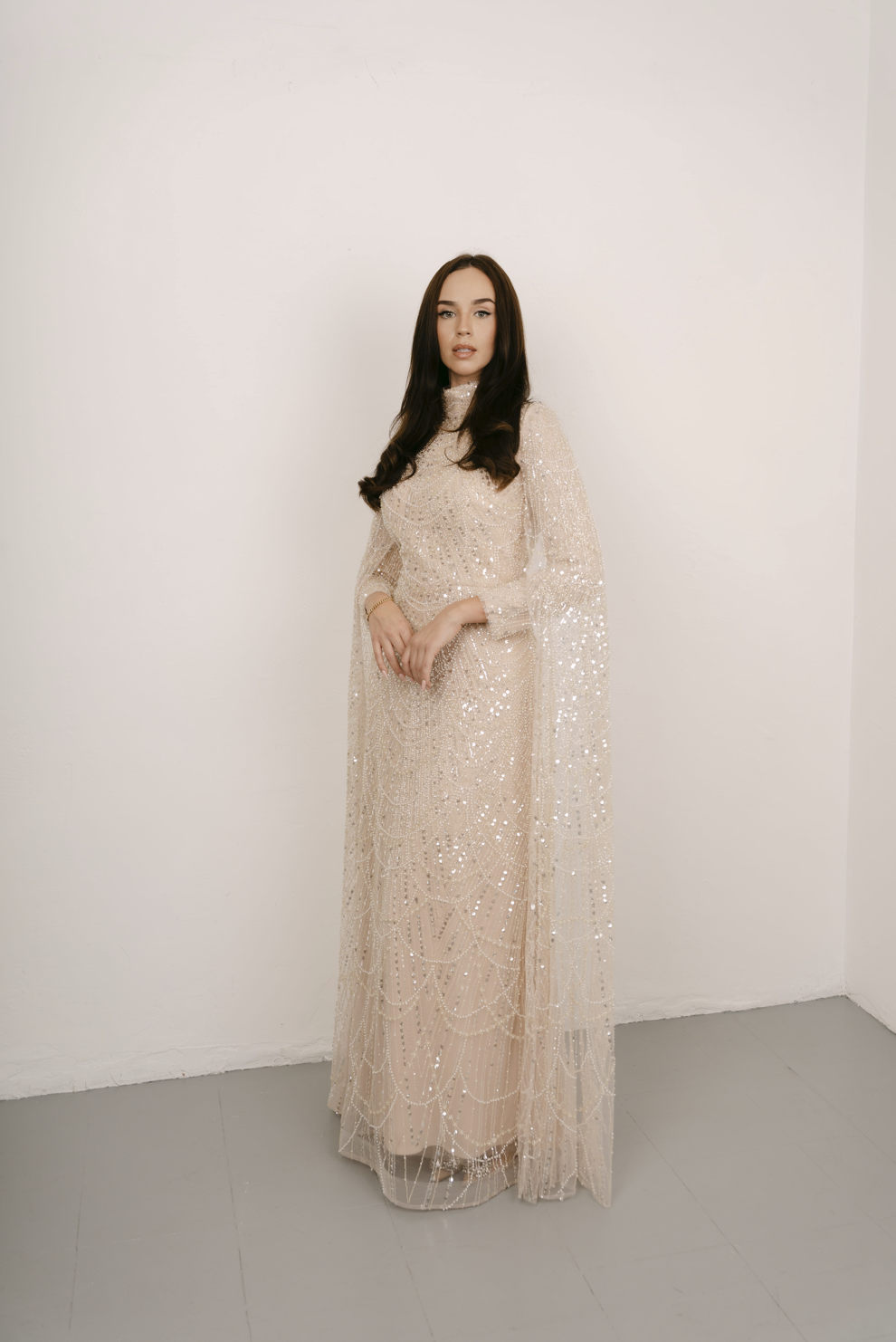 Miya Nude Long Sleeve Maxi Evening Dress
