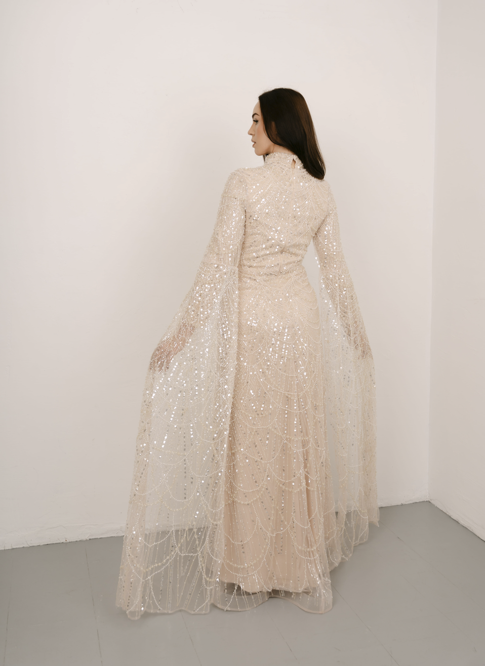 Miya Nude Long Sleeve Maxi Evening Dress